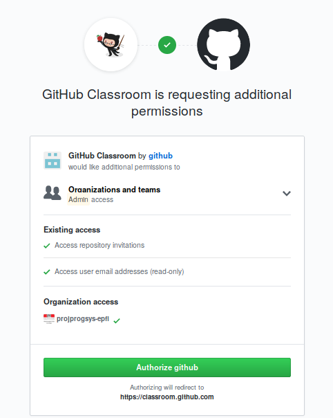 Authorization to GitHub Classrooms